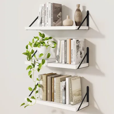 Produktbild von 3er-Set Wandregale, Wandbücherregal, Wandregal aus Holz, schwebendes Regal für Wohnzimmer, Schlafzimmer, Küche, Badezimmer und Arbeitszimmer, 40 x 15 cm, weiß