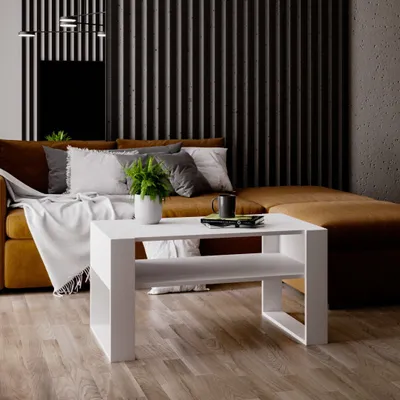 Produktbild von Couchtisch - modernes rustikales Design - Wohnzimmer-Tisch Beistelltisch Kaffeetisch Sofatisch Teetisch aus Holz Weiß Matt - Weiß Matt 92x45x53,6
