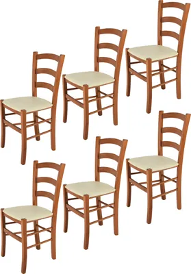 Immagine prodotto di t m c s Tommychairs - Set di 6 sedie VENICE per cucina e sala da pranzo, struttura robusta in legno di faggio laccato color ciliegio e sedile imbottito rivestito in PELLE D'ARTE color avorio