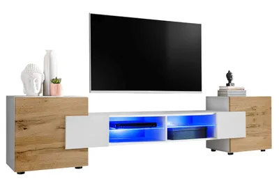 Obrázek produktu pro Extreme Furniture Bridge Tv Skříňka | Skříňka Do Obývacího Pokoje Se 2 Skleněnými Policemi A 2 Dvířky Bílý Korpus A Fronty Wotan