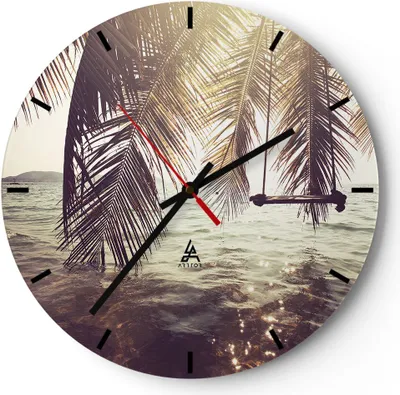 Produktbild von Wanduhr - Rund - Glasuhr - Meer Palme Wasser - 30x30cm - Schleichendes Uhrwerk - Lautlos - zum Aufhängen bereit - Dekoration Modern - Wanddekoration aus Glas - C3AR30x30-3634