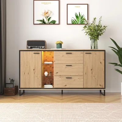 Imagen del producto de Aparador Fortuna Lai (con 2 puertas y 3 cajones), mueble aparador en color madera con iluminación LED y estante, ancho de 160 cm