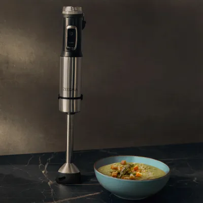 An immersion blender and a bowl of soup are shown on a countertop.
