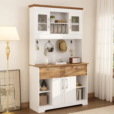 Productafbeelding van Flieks keukenkasten met opbergruimte, 2 lades, deuren en een haaklijst, buffetkast voor keuken, eetkamer en hal, dressoir, wit + naturel