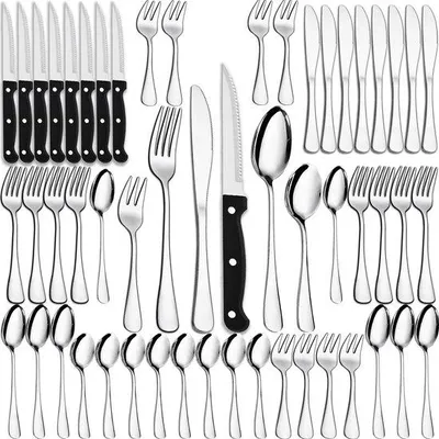 Produktbild von Unyqoos® 48-teiliges Besteckset komplett für 8 Personen – Edelstahl, ergonomische Griffe, inkl. 8 Steakmesser, spiegelpoliert & spülmaschinenfest