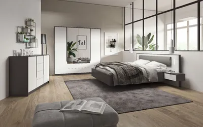 Produktbild von Schlafzimmer-set SEGA Schrank mit Schubladen und Spiegiel + Kommode+ Bett + Nachttische weiß matt/ graphit