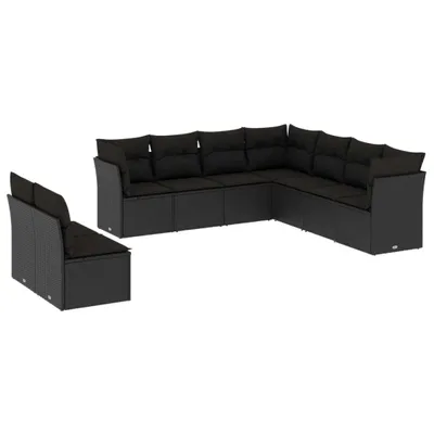 Produktbild von 9-tlg. Garten-Sofagarnitur, modulares Lounge-Set mit abnehmbaren Kissen, Poly Rattan & pulverbeschichteter Stahl, UV-beständig, Schwarz