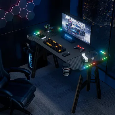 Produktbild von YZNAHRE LED Gaming Schreibtisch 140x60 cm Gaming Tisch Computertisch mit Getränkehalter und Kopfhörerhaken PC Tisch Gamer tisch Gamingtisch mit Kohlefaserbeschichtung, M-Frame