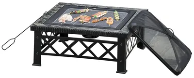 Produktbild von Outsunny 3-in-1 Feuerschale Feuerkorb mit Funkenschutz Grillrost Garten BBQ
