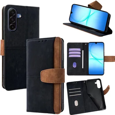 Collage of images showing a black and brown leather phone case for a Samsung Galaxy A17 5G, displaying its different angles and features.