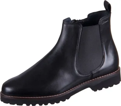 A single black leather Chelsea boot is shown against a white background.