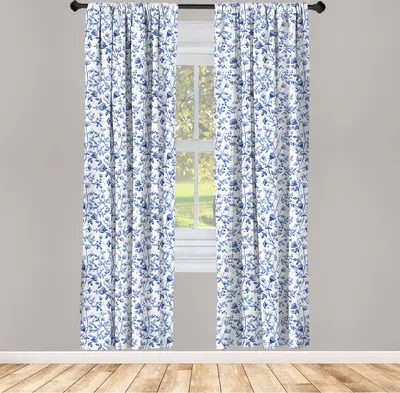 Immagine prodotto di ABAKUHAUS Tende acquerellate, illustrazione di lunghi rami con fiori e foglie in boccio, 2 pezzi 75 x 245 cm, blu bianco e blu cielo