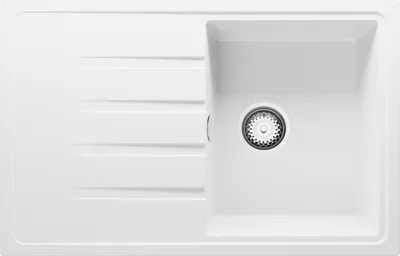 A top-down view of a white kitchen sink with a single basin and a draining board.