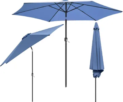 Three views of a dark blue patio umbrella against a white background.
