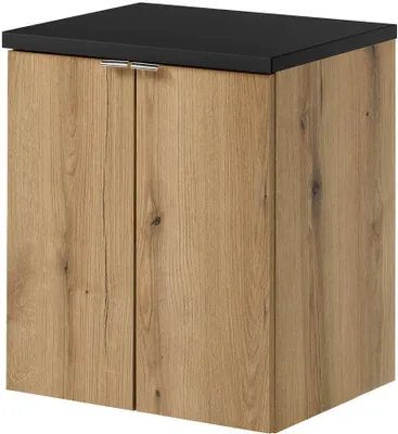 A product shot of a cabinet with two doors and a black top.