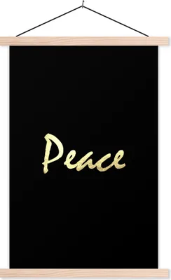 Produktbild von MuchoWow® Textilposter Zitat - Frieden - Gold - Schwarz 120x180 cm mit holzfarbenen Rahmen - Textil-Plakat