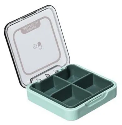 Immagine prodotto di Organizzatore per pillole da viaggio, contenitore trasparente con 4 scomparti, colore verde, dimensioni 7,5 x 7,5 x 2 cm