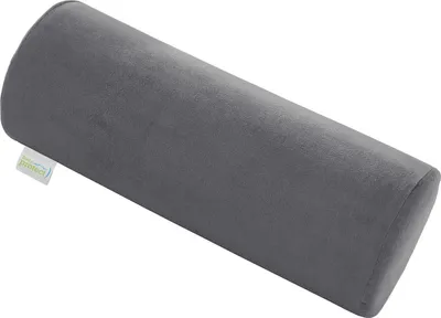A gray cylindrical pillow on a white background.
