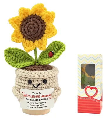 Handgehäkelte Sonnenblume im Topf – Geschenk mit Karte