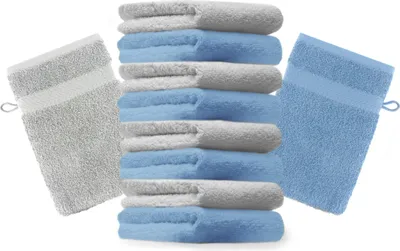 Produktbild von Betz 10 Stück Waschhandschuhe 16x21 cm PREMIUM 100% Baumwolle  Farbe: hellblau und silbergrau