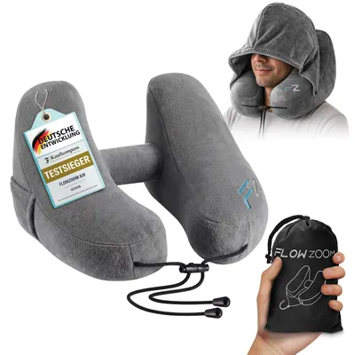 Produktbild von FLOWZOOM AIR Aufblasbares Reise-Nackenkissen mit Kapuze, Größe L, Grau