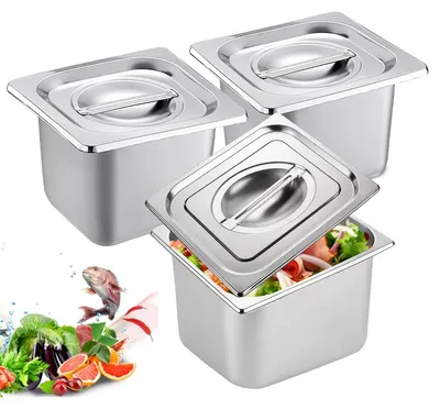 Productafbeelding van Set van 3 GN 1/6 Containers - Roestvrij Staal met Deksel