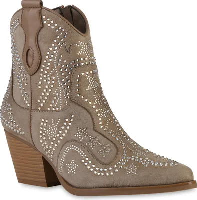 Produktbild von VAN HILL Damen Cowboy Boots Stiefelette Spitz Strass Schuhe 840898, Farbe: Khaki, Größe: 36