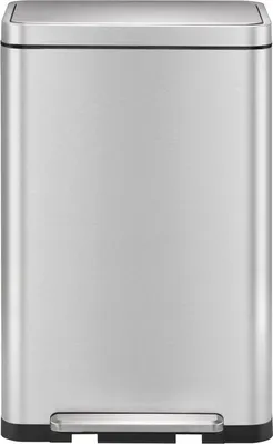 A front view of a stainless steel trash can with a foot pedal.
