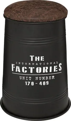 A black metal stool with a brown leather-like top, featuring white text on the side.
