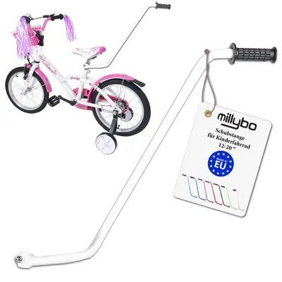 Produktbild von MILLYBO Fahrrad Schubstange für Kinderfahrrad 12–20 Zoll, Fahrrad Lernhilfe, Elternstange, Schiebehilfe Fahrrad, Kinder Fahrradstange, Weiß