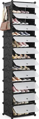A black modular shoe rack with clear plastic doors, filled with various shoes.