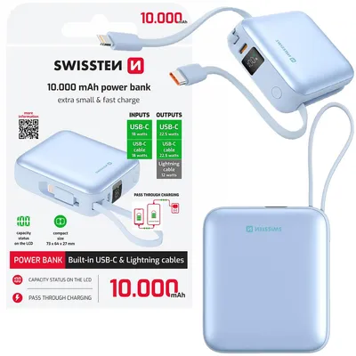 Zdjęcie produktu dla Powerbank Swissten 10000mAh wyświetlacz LCD kabel USB-C Lightning PD 22,5 W