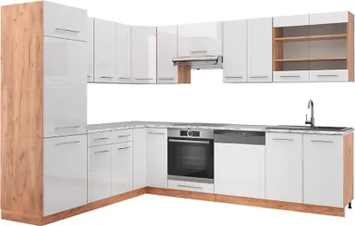 Produktbild von Eckküche Vicco Fame-Line Weiß Hochglanz/Goldkraft Eiche 227 x 60 cm , AP Marmor, Model 42518