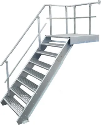 A metal staircase with a platform and railing, isolated on a white background.