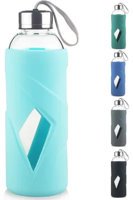 Obrázek produktu pro Skleněná láhev na vodu o objemu 1000 ml s pouzdrem z borosilikátového skla a silikonu