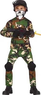 Produktbild von Militärkostüm Tarnanzug Abenteuer Camouflage Fasching Karneval Kinderkrieger Rollenspiel Tarnfarben Helm Maske Knieschoner Ausrüstung, Größe: 14 - 16 Jahre Farbe: Braun