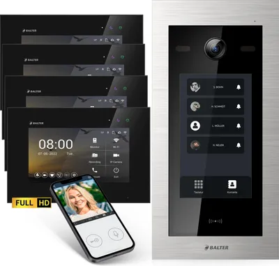 Produktbild von Balter EVO-HD Video Türsprechanlage mit Touchscreen Türstation, Video Türklingel, App, 4 Familienhaus, 4x 7 Zoll Monitor, Full HD, 2 Draht Bus, silber/schwarz