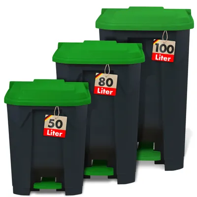 Three different sized trash cans with green lids and labels indicating their capacity.