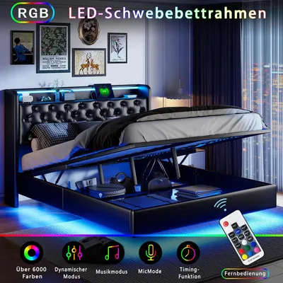 Immagine prodotto di Letto imbottito con contenitore - 140x200 cm - Illuminazione LED - Ecopelle