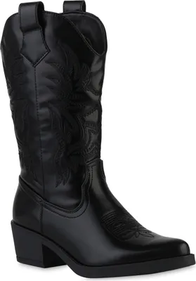 Produktbild von van-hill Damen Cowboystiefel Schwarz, Gr. 38, Kunstleder, spitz, Stickereien, Trichterabsatz, Reißverschluss