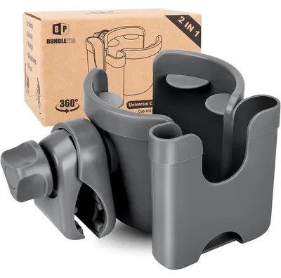 Image de Porte-gobelet universel avec compartiment pour téléphone, adapté aux poussettes, vélos, fauteuils roulants, rotatif à 360°, couleur gris