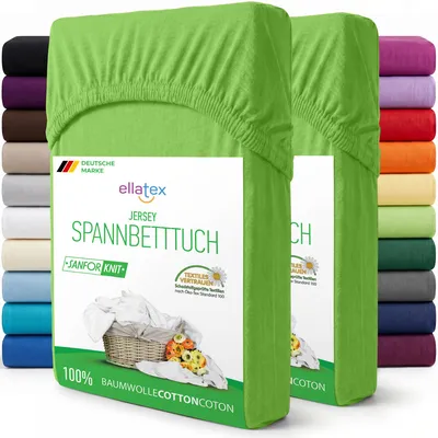 Produktbild von EllaTex 2er Pack Jersey Spannbettlaken 180x200–200x220 mit 40 cm Steg Baumwolle – Spannbetttücher Set für Boxspring & Wasserbett, in Farbe: Apfelgrün