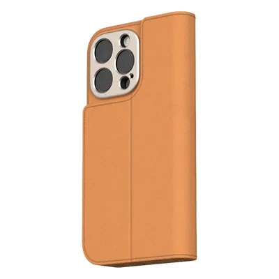 A side view of a brown leather iPhone case with a camera cutout.