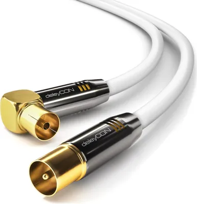 Produktbild von deleyCON 15m 4K TV Antennenkabel - 4K Ultra-HD Full HD HDTV - 1x Gewinkelt - Koaxialkabel - IEC-Stecker (gerade) zu IEC-Buchse (90° Grad) - Metallstecker - Weiß