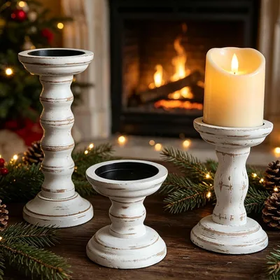 Productafbeelding van Set van 3 Houten Kandelaars voor Tafeldecoratie