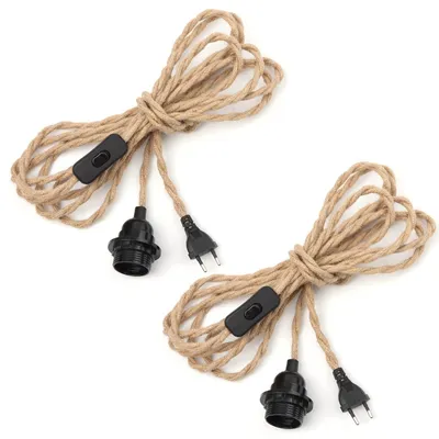 E27 Lampenfassung 2er-Paar, 4,5 m Kabel, Hanfseil, mit Schalter