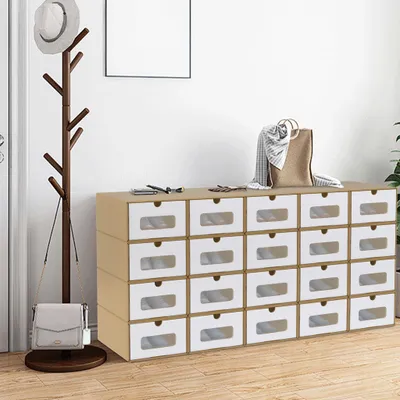 Produktbild von YZNAHRE 20pcs Schuhboxen Stapelbar Kraftpapier Schuhaufbewahrung Aufbewahrungsbox mit Deckel und Transparent Sichtfenster Schuhbox Schuh Organizer, 34,5x23,5x13,5 cm, Braun+ Weiß