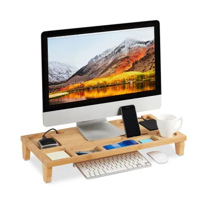relaxační bambusový stojan na monitor s 8 přihrádkami