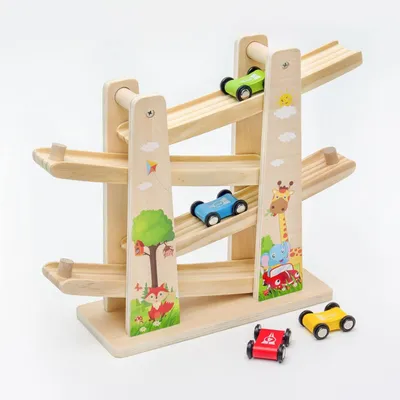 Image de Piste de course en bois, garage à voitures avec 4 véhicules, toboggan en zigzag, jouet éducatif pour enfants