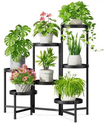 Productafbeelding van Grote metalen plantenstandaard met 7 niveaus, bloemenstandaard, plantenrek, bloemenrek voor binnen en buiten, inklapbaar plantenrek voor binnen, tuin, balkon, woonkamer (rond, zwart)